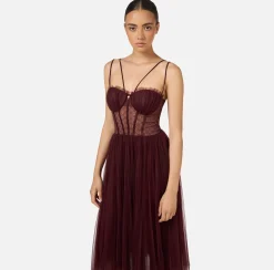 Elisabetta Franchi Dresses|Midi Dresses|Midi dress in pleated tulle fabric RougeNoir