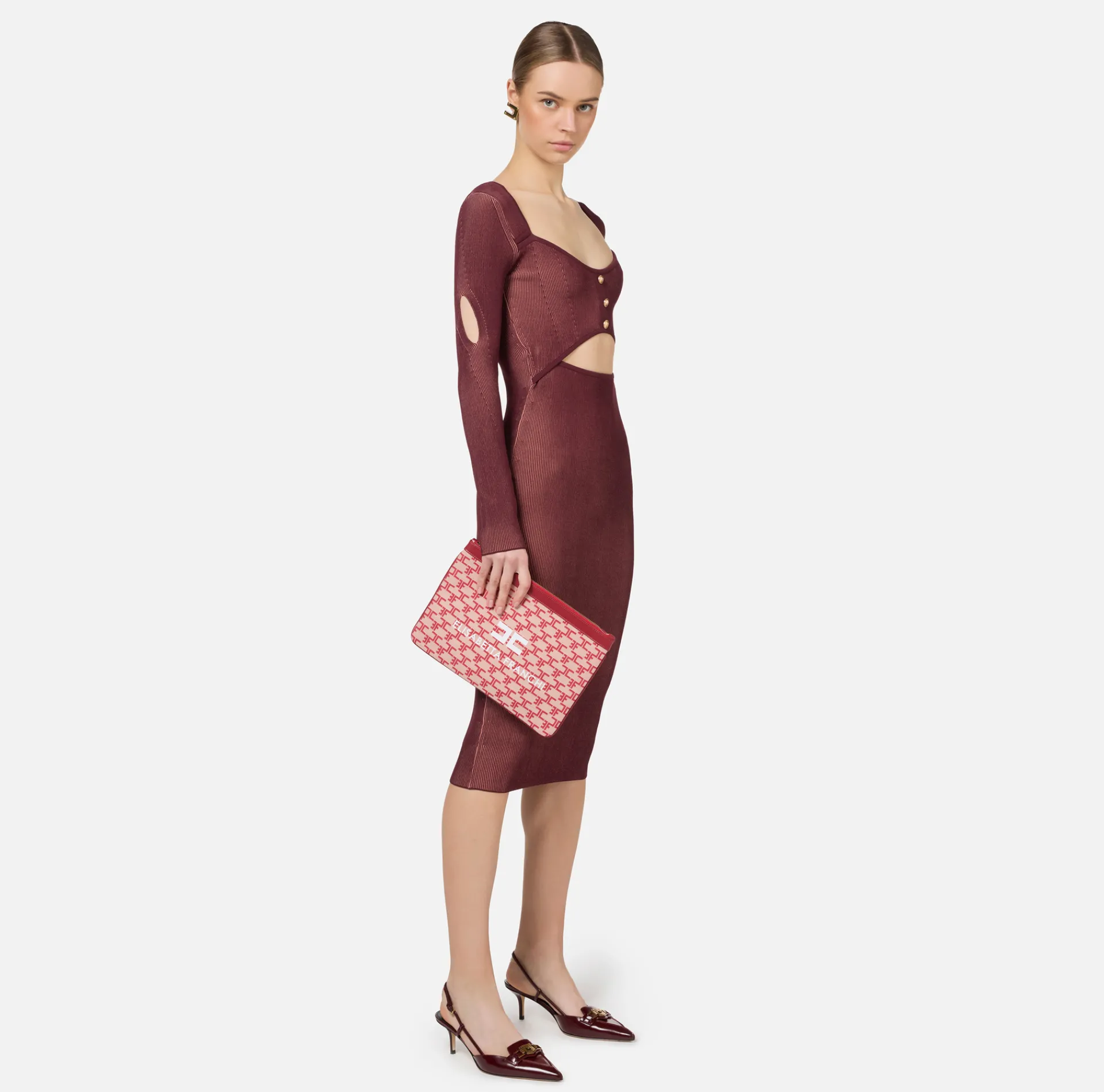 Elisabetta Franchi Midi Dresses|Knitted Dresses|Midi dress in ribbed viscose fabric with cut-out RougeNoir/Blush