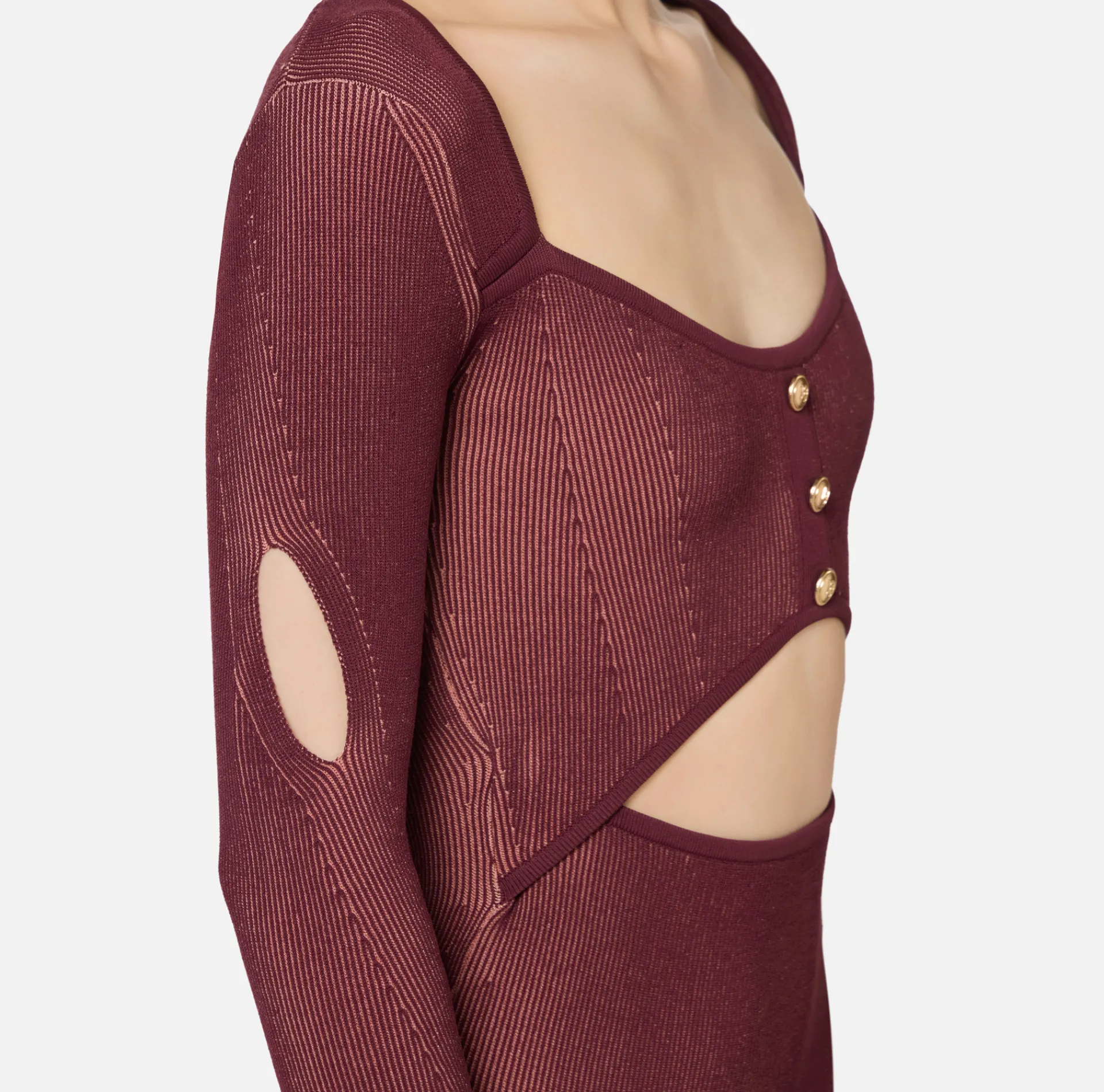 Elisabetta Franchi Midi Dresses|Knitted Dresses|Midi dress in ribbed viscose fabric with cut-out RougeNoir/Blush