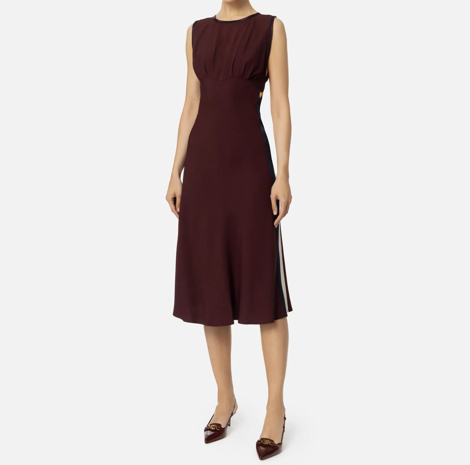 Elisabetta Franchi Midi Dresses|Dresses|Midi dress in satin fabric with bands Rougenoir/Navy/Butter