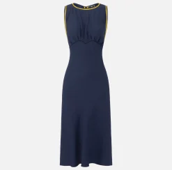 Elisabetta Franchi Midi Dresses|Dresses|Midi dress in satin fabric with bands Navy/Mimosa/Butter