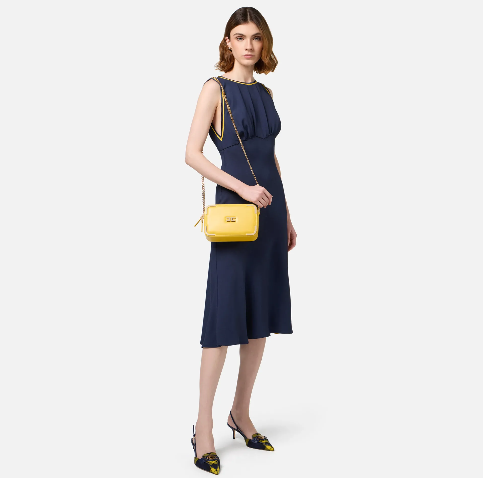 Elisabetta Franchi Midi Dresses|Dresses|Midi dress in satin fabric with bands Navy/Mimosa/Butter