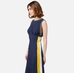 Elisabetta Franchi Midi Dresses|Dresses|Midi dress in satin fabric with bands Navy/Mimosa/Butter