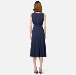 Elisabetta Franchi Midi Dresses|Dresses|Midi dress in satin fabric with bands Navy/Mimosa/Butter