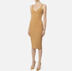 Elisabetta Franchi Sheath Dresses|Midi Dresses|Midi dress in stretch crêpe fabric with cup cut Camel
