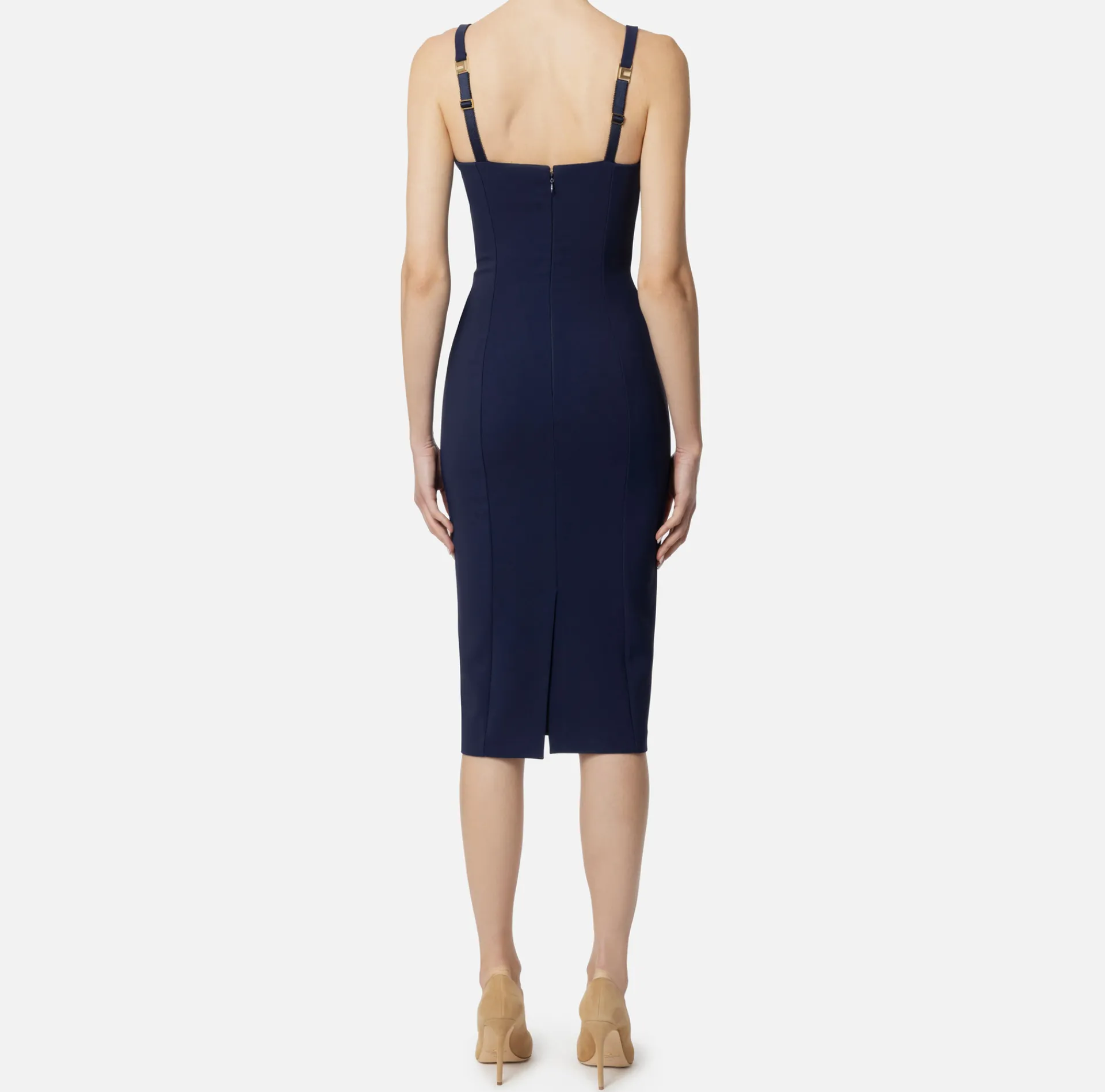 Elisabetta Franchi Sheath Dresses|Midi Dresses|Midi dress in stretch crêpe fabric with cup cut Navy