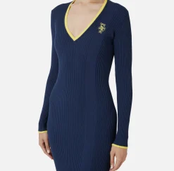Elisabetta Franchi Midi Dresses|Knitted Dresses|Midi dress in viscose fabric with contrasting logo Navy/Mimosa