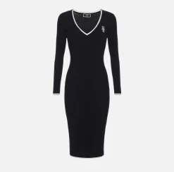 Elisabetta Franchi Midi Dresses|Knitted Dresses|Midi dress in viscose fabric with contrasting logo Black/Butter