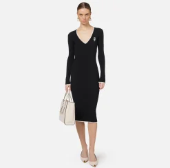 Elisabetta Franchi Midi Dresses|Knitted Dresses|Midi dress in viscose fabric with contrasting logo Black/Butter