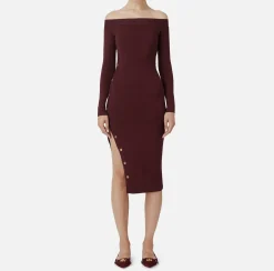 Elisabetta Franchi Midi Dresses|Knitted Dresses|Midi dress in viscose with buttons on the slit RougeNoir