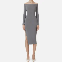 Elisabetta Franchi Midi Dresses|Knitted Dresses|Midi dress in viscose with buttons on the slit Steel