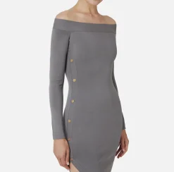 Elisabetta Franchi Midi Dresses|Knitted Dresses|Midi dress in viscose with buttons on the slit Steel