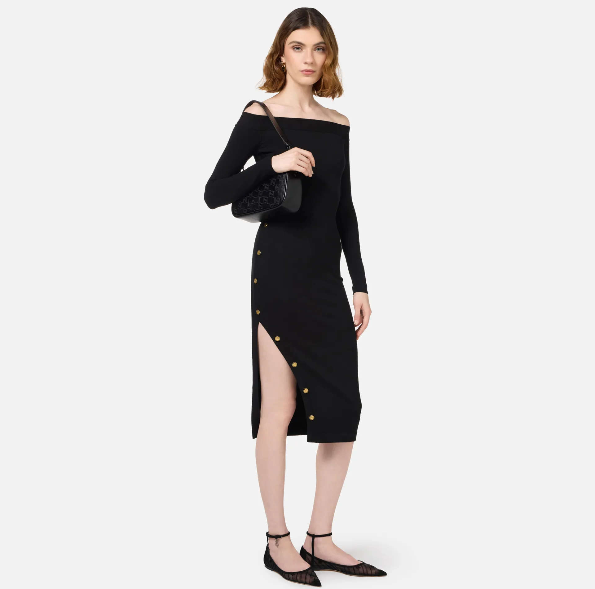 Elisabetta Franchi Midi Dresses|Knitted Dresses|Midi dress in viscose with buttons on the slit Black