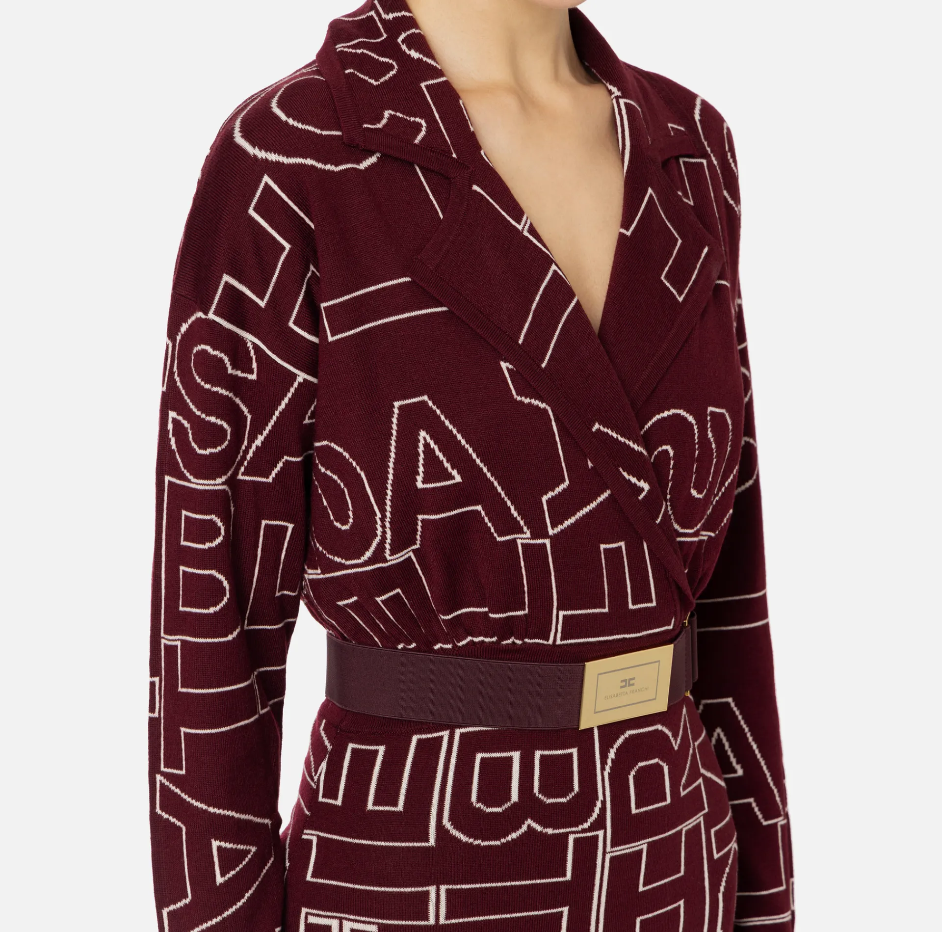 Elisabetta Franchi Midi Dresses|Knitted Dresses|Midi dress in wool blend fabric with lettering RougeNoir/Butter