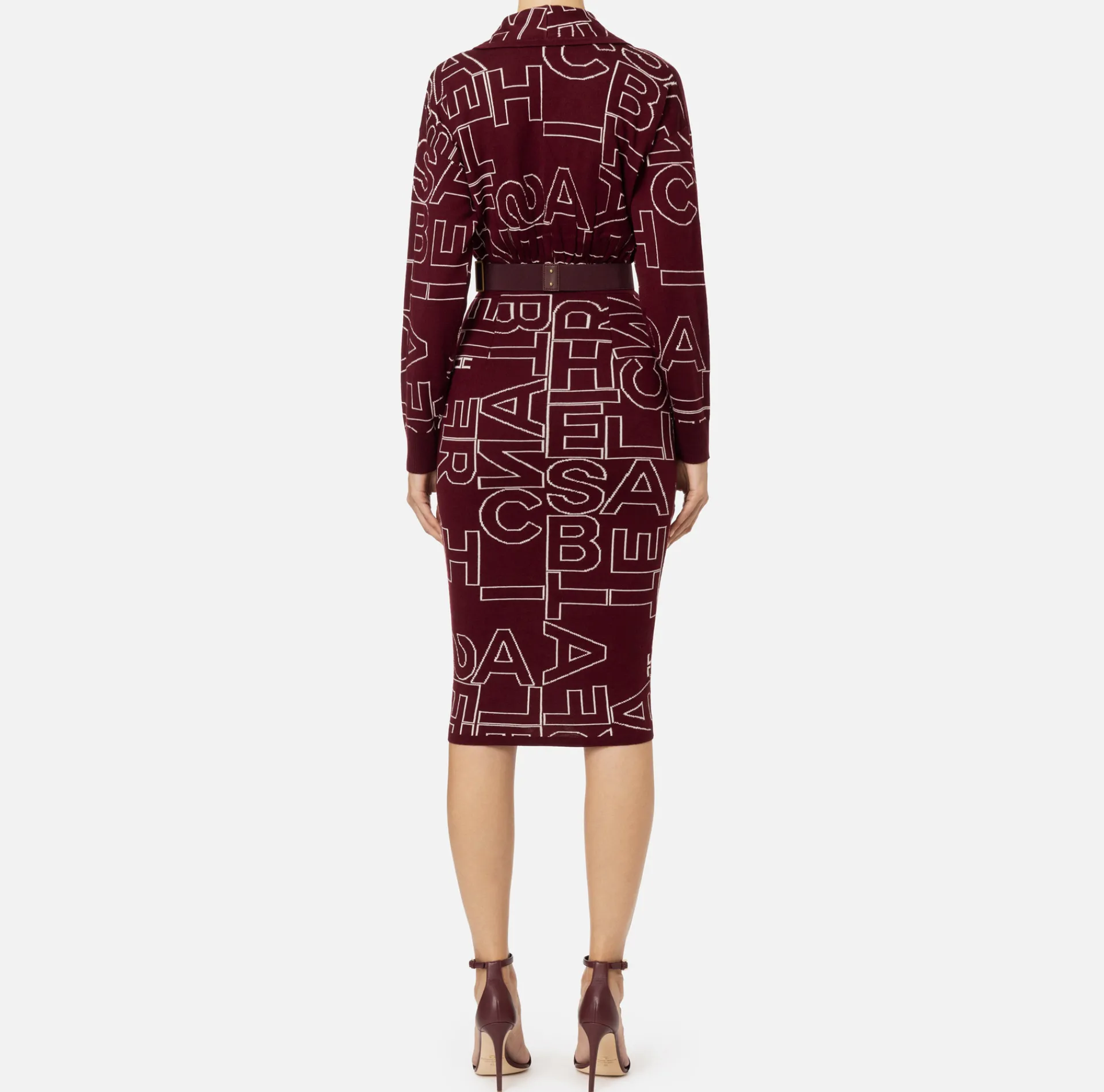 Elisabetta Franchi Midi Dresses|Knitted Dresses|Midi dress in wool blend fabric with lettering RougeNoir/Butter