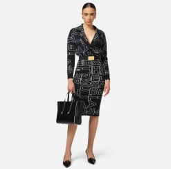 Elisabetta Franchi Midi Dresses|Knitted Dresses|Midi dress in wool blend fabric with lettering Black/Butter
