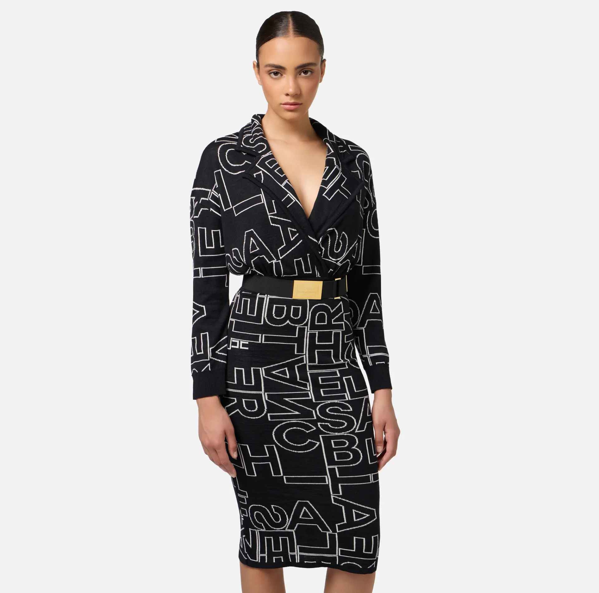 Elisabetta Franchi Midi Dresses|Knitted Dresses|Midi dress in wool blend fabric with lettering Black/Butter