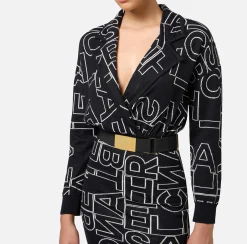 Elisabetta Franchi Midi Dresses|Knitted Dresses|Midi dress in wool blend fabric with lettering Black/Butter