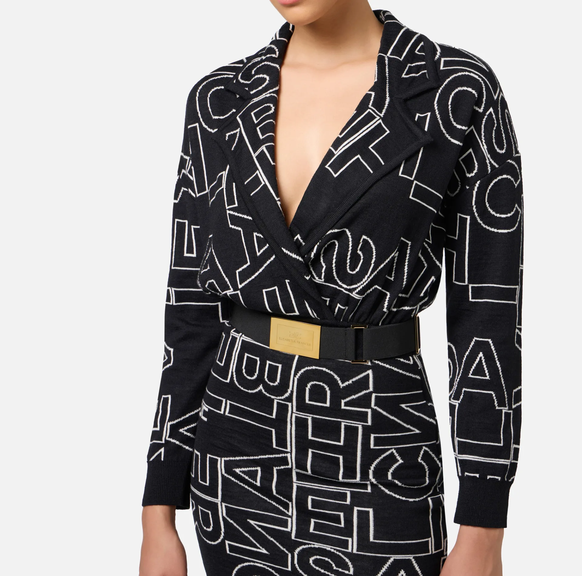 Elisabetta Franchi Midi Dresses|Knitted Dresses|Midi dress in wool blend fabric with lettering Black/Butter