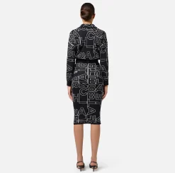 Elisabetta Franchi Midi Dresses|Knitted Dresses|Midi dress in wool blend fabric with lettering Black/Butter