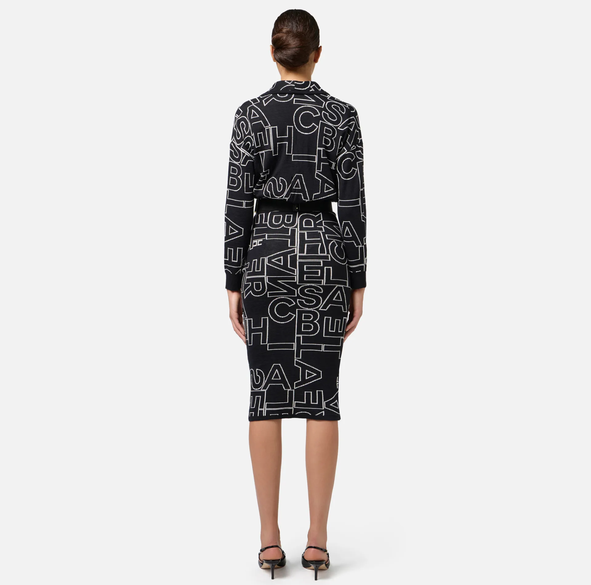 Elisabetta Franchi Midi Dresses|Knitted Dresses|Midi dress in wool blend fabric with lettering Black/Butter