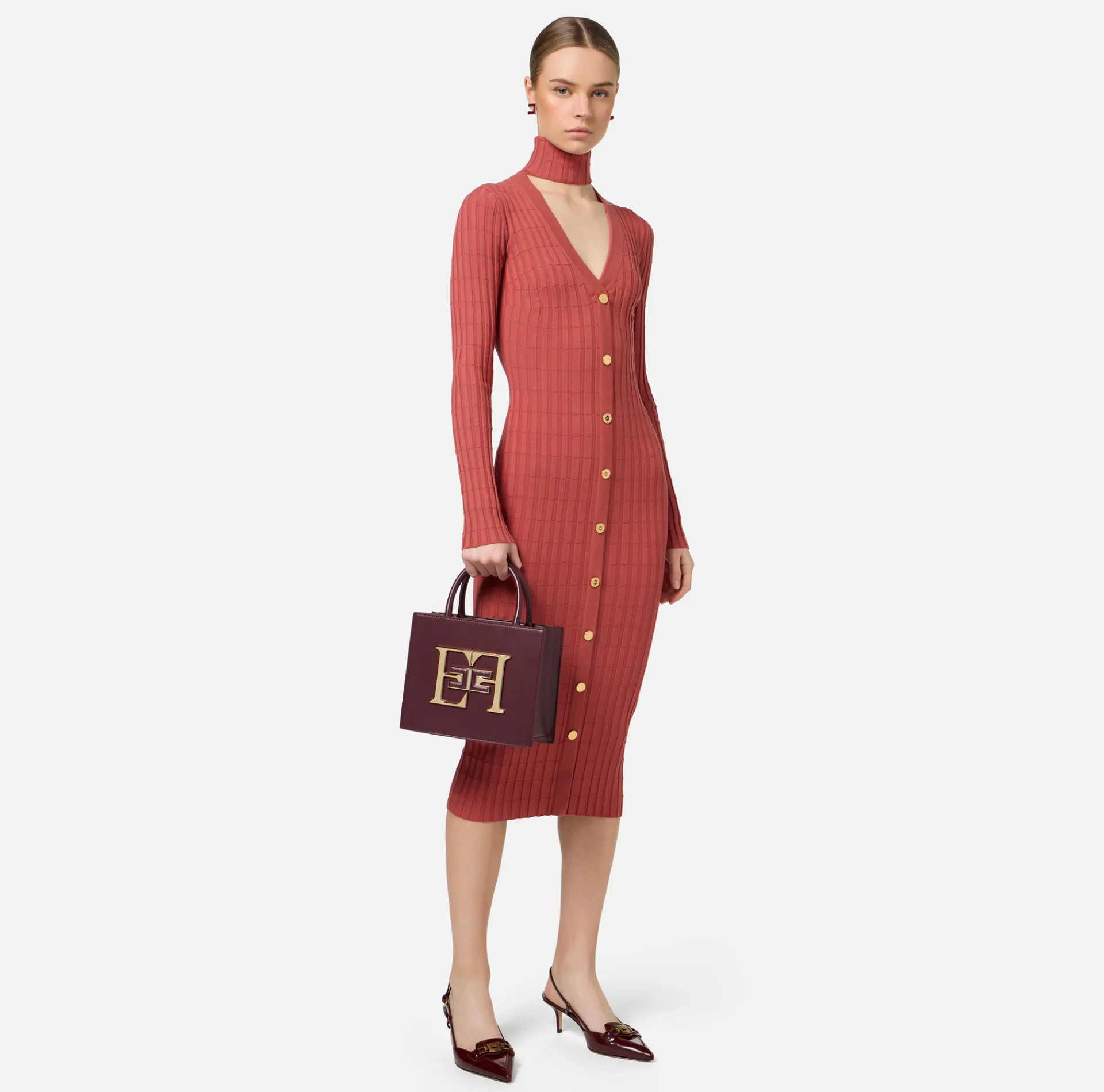 Elisabetta Franchi Midi Dresses|Knitted Dresses|Midi dresses in ribbed viscose fabric with button placket Eyeshadow