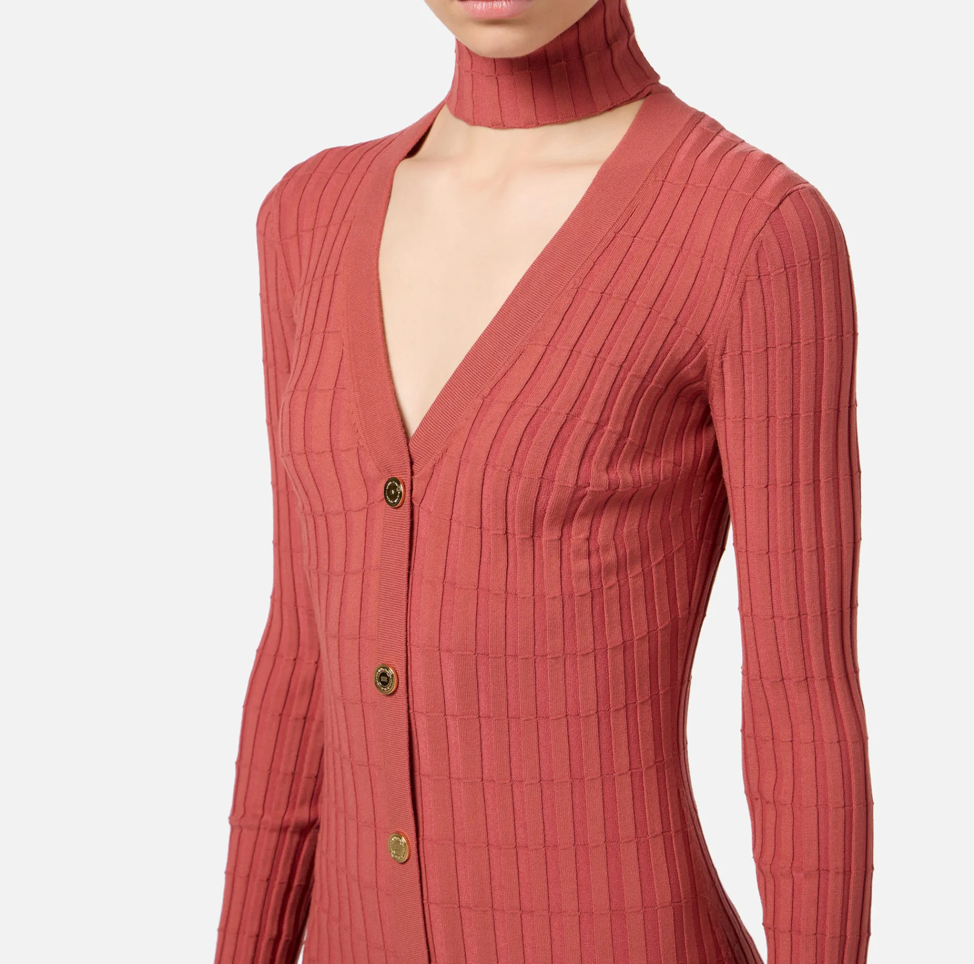Elisabetta Franchi Midi Dresses|Knitted Dresses|Midi dresses in ribbed viscose fabric with button placket Eyeshadow