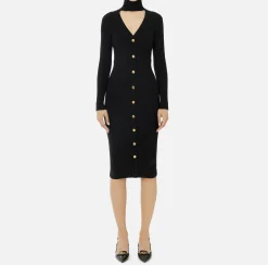 Elisabetta Franchi Midi Dresses|Knitted Dresses|Midi dresses in ribbed viscose fabric with button placket Black