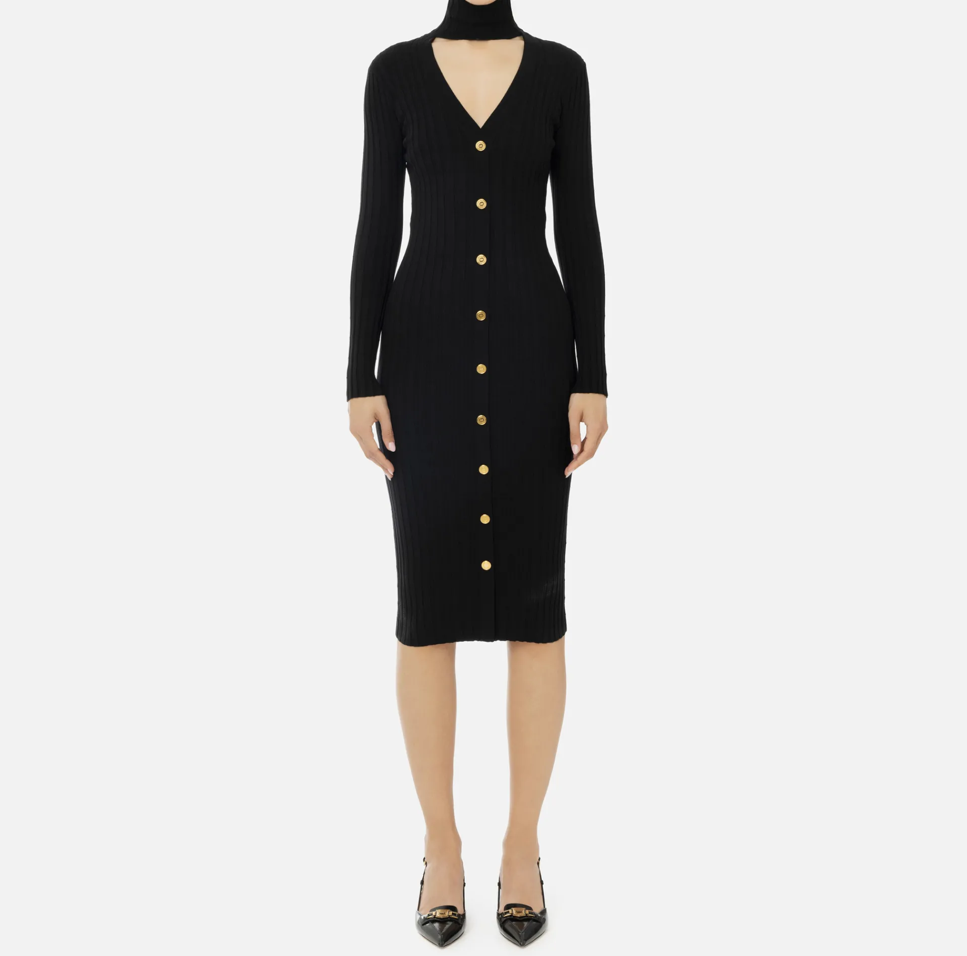 Elisabetta Franchi Midi Dresses|Knitted Dresses|Midi dresses in ribbed viscose fabric with button placket Black