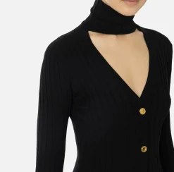Elisabetta Franchi Midi Dresses|Knitted Dresses|Midi dresses in ribbed viscose fabric with button placket Black