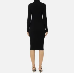 Elisabetta Franchi Midi Dresses|Knitted Dresses|Midi dresses in ribbed viscose fabric with button placket Black