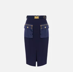 Elisabetta Franchi Tailleur|Skirts|Midi skirt in crêpe fabric with pockets and belt Navy