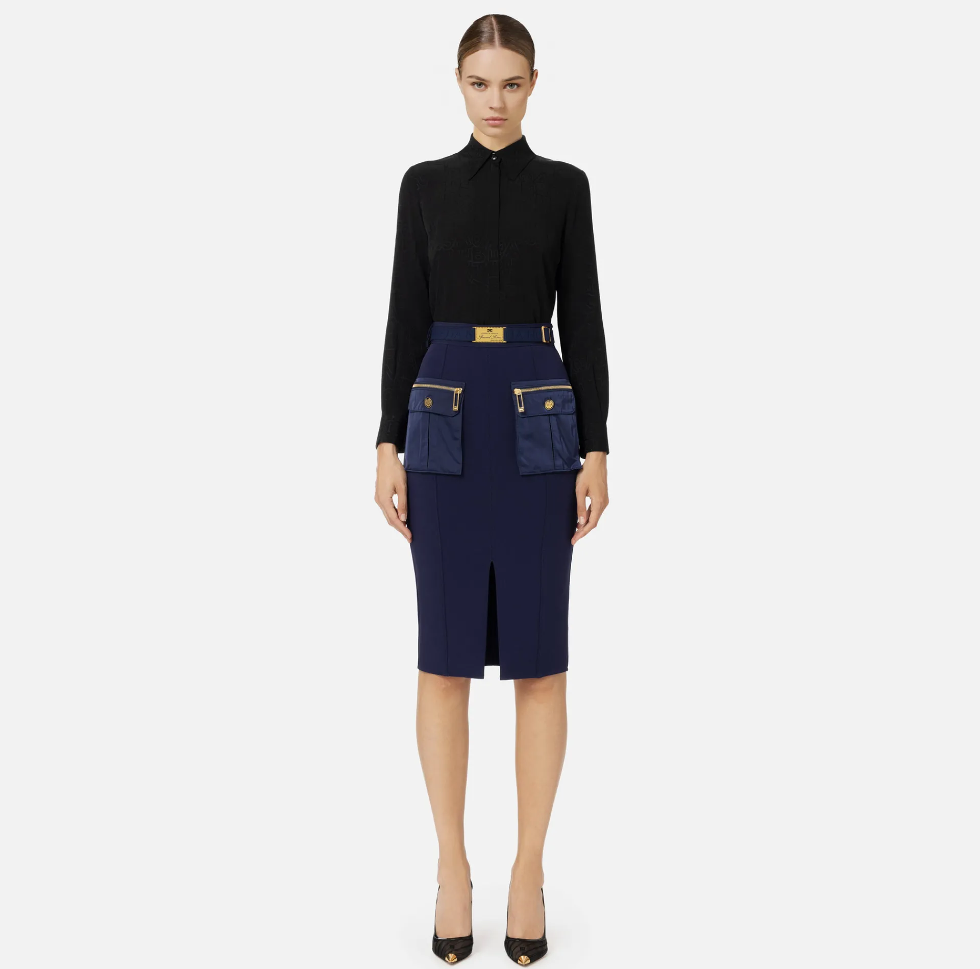 Elisabetta Franchi Tailleur|Skirts|Midi skirt in crêpe fabric with pockets and belt Navy
