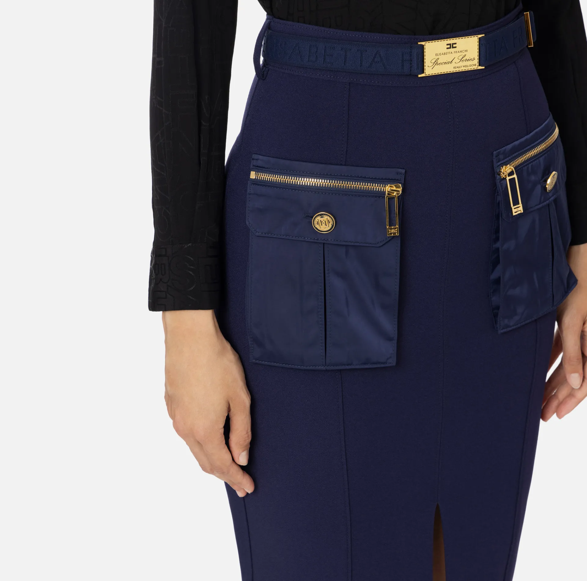 Elisabetta Franchi Tailleur|Skirts|Midi skirt in crêpe fabric with pockets and belt Navy