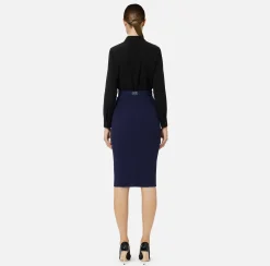 Elisabetta Franchi Tailleur|Skirts|Midi skirt in crêpe fabric with pockets and belt Navy