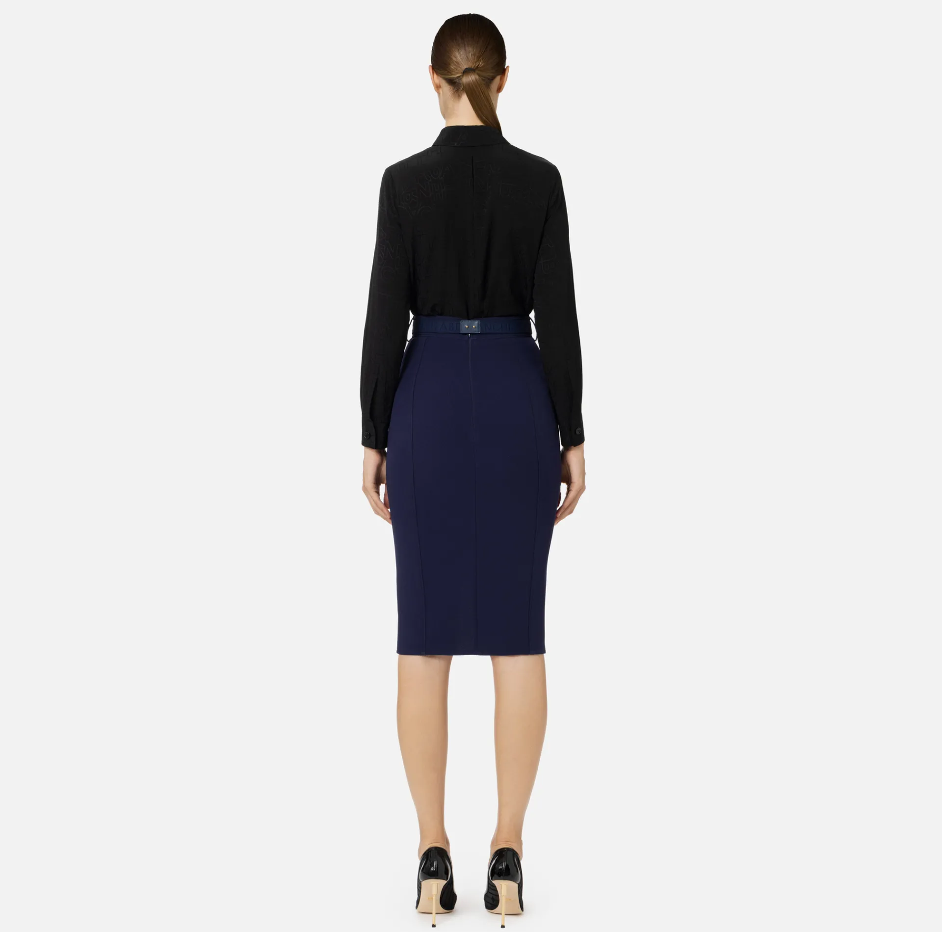 Elisabetta Franchi Tailleur|Skirts|Midi skirt in crêpe fabric with pockets and belt Navy