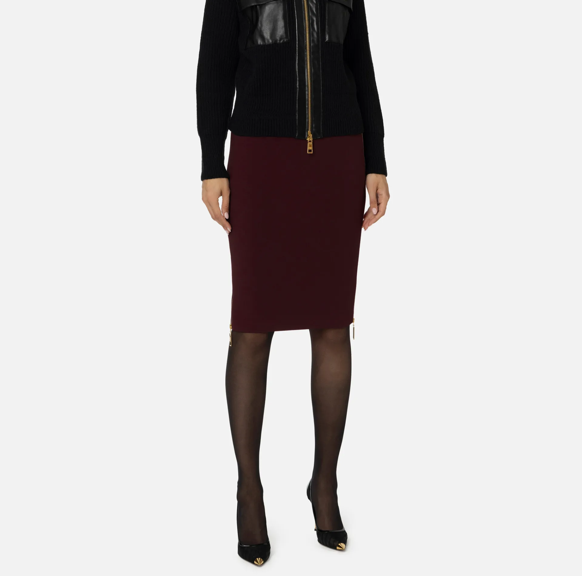 Elisabetta Franchi Skirts|Midi skirt in crêpe fabric with zip RougeNoir