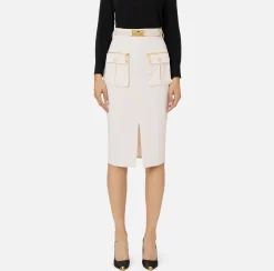 Elisabetta Franchi Tailleur|Skirts|Midi skirt in crêpe fabric with pockets and belt Latex