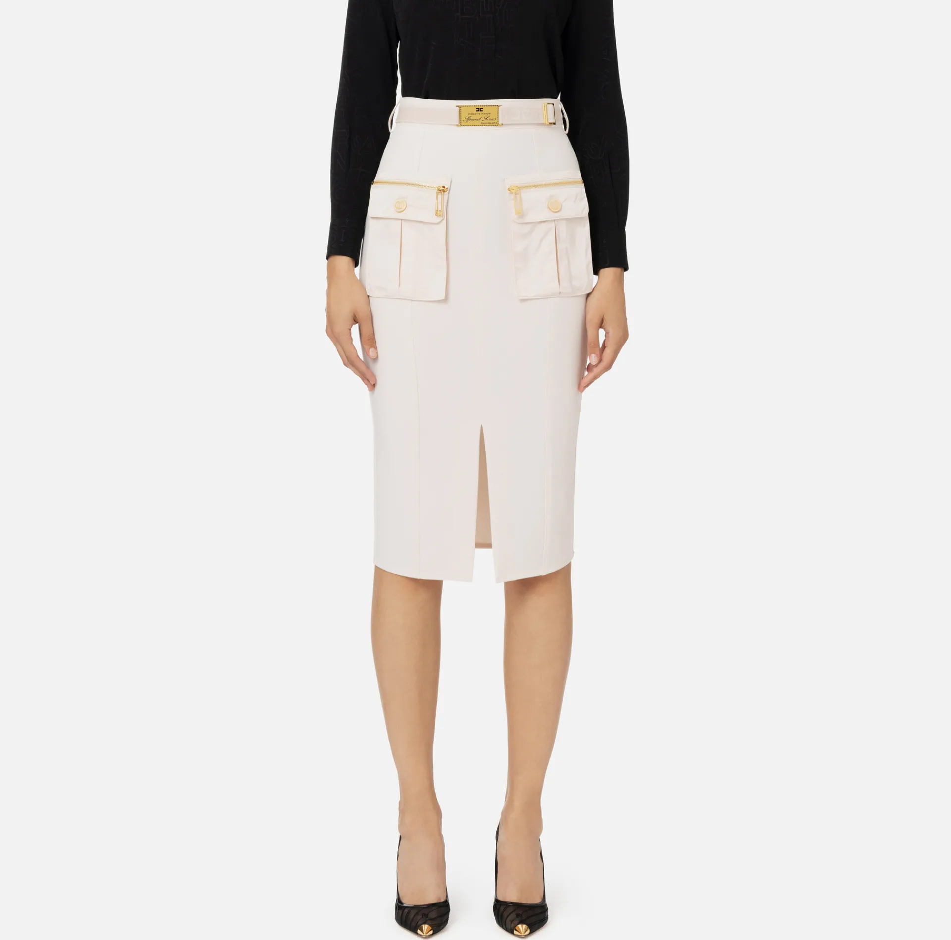 Elisabetta Franchi Tailleur|Skirts|Midi skirt in crêpe fabric with pockets and belt Latex