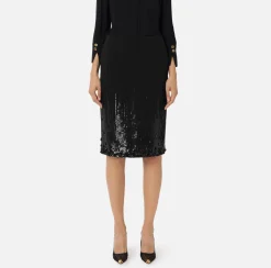 Elisabetta Franchi Skirts|Midi skirt in crêpe fabric embroidered with sequins Black