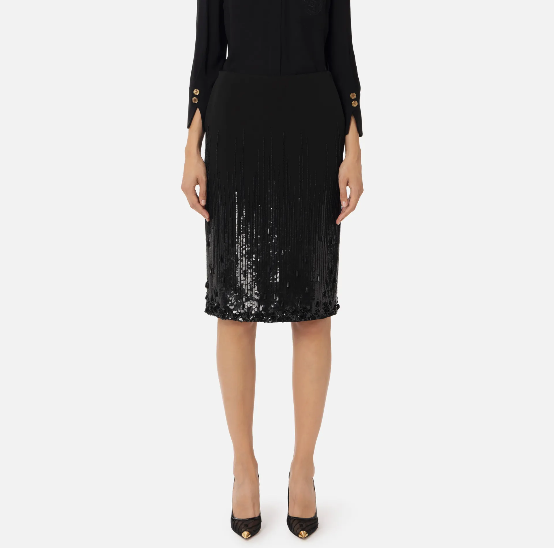 Elisabetta Franchi Skirts|Midi skirt in crêpe fabric embroidered with sequins Black