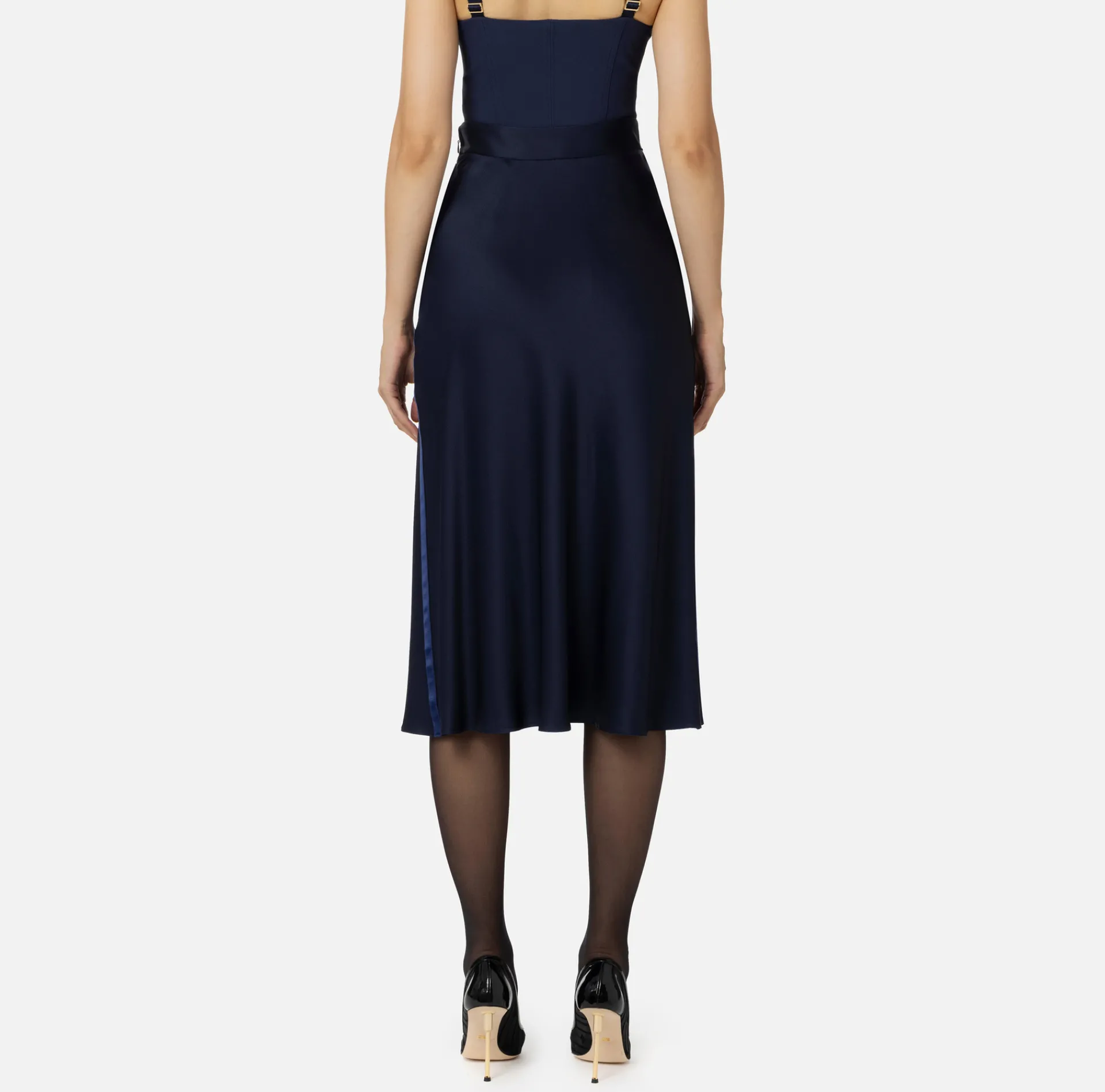 Elisabetta Franchi Skirts|Midi skirt in enver satin fabric with satin bands Navy