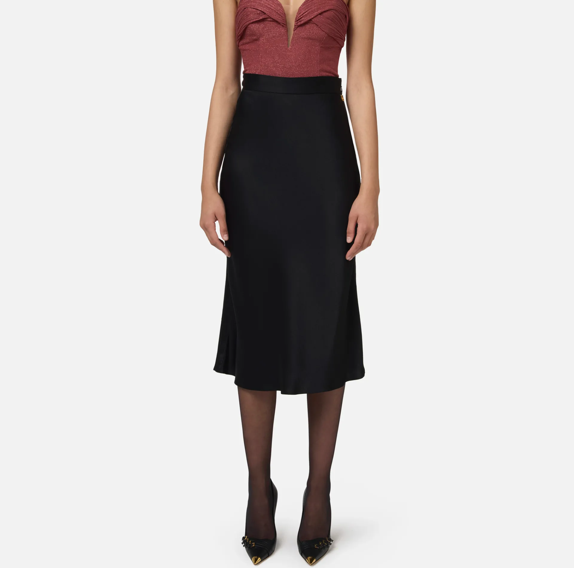 Elisabetta Franchi Skirts|Midi skirt in enver satin fabric with satin bands Black