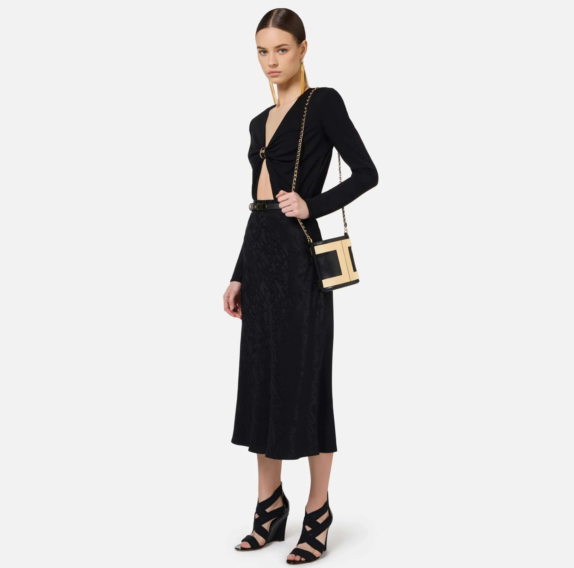 Elisabetta Franchi Skirts|Midi skirt in jacquard crêpe fabric with lettering Black