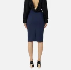 Elisabetta Franchi Tailleur|Skirts|Midi skirt in stretch crêpe fabric with horsebit Navy