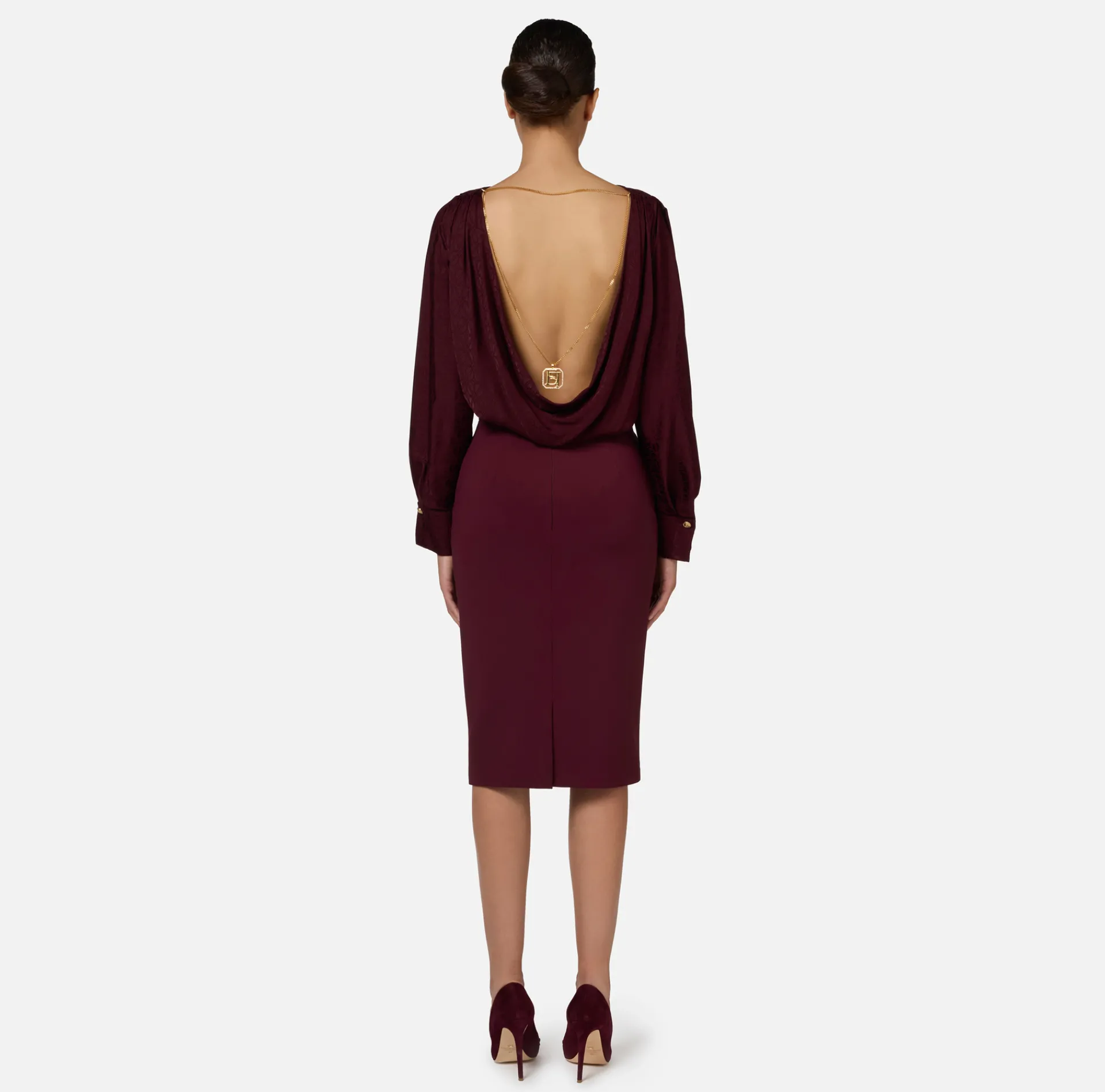 Elisabetta Franchi Tailleur|Skirts|Midi skirt in stretch crêpe fabric with horsebit RougeNoir