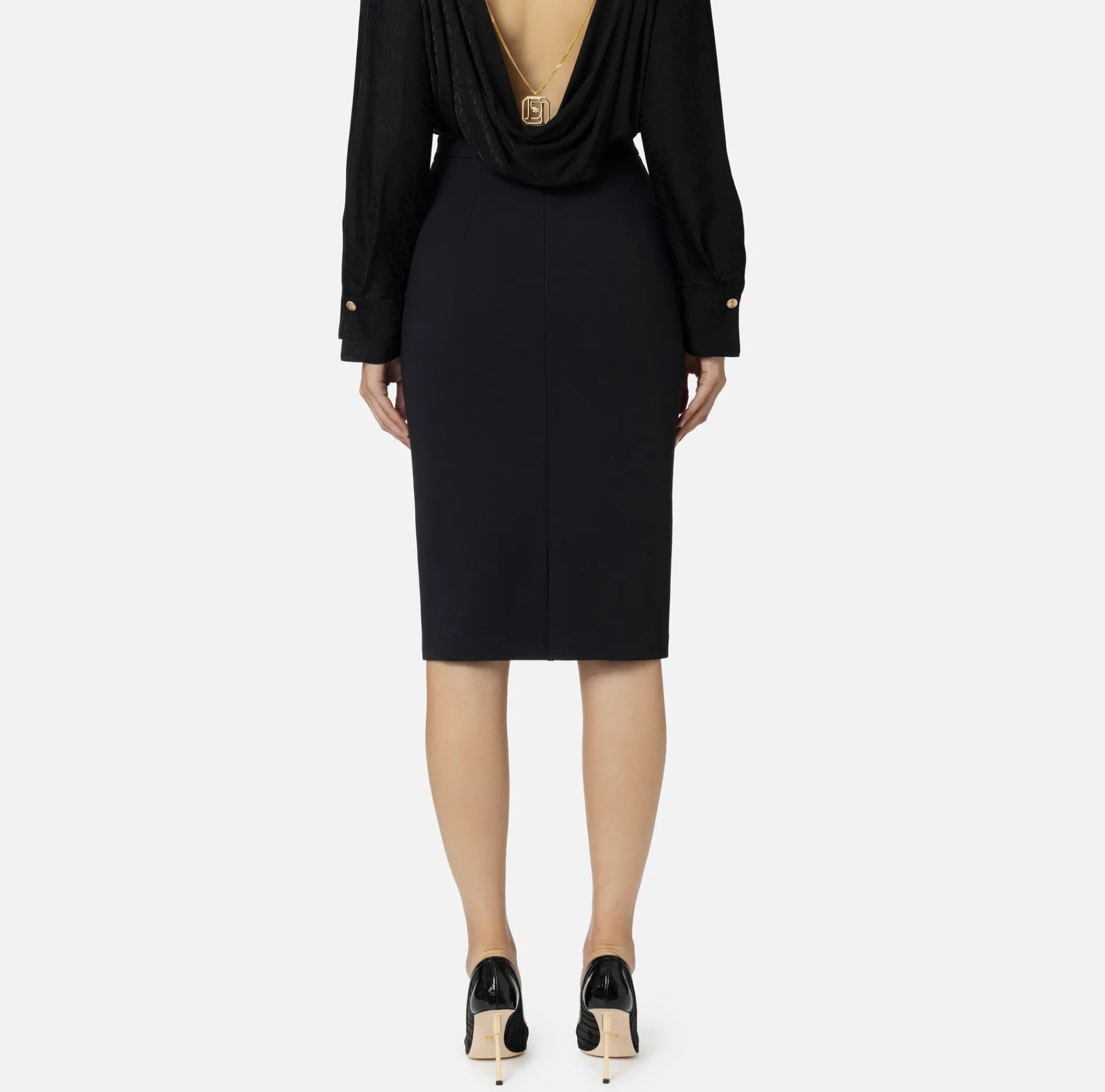 Elisabetta Franchi Tailleur|Skirts|Midi skirt in stretch crêpe fabric with horsebit Black