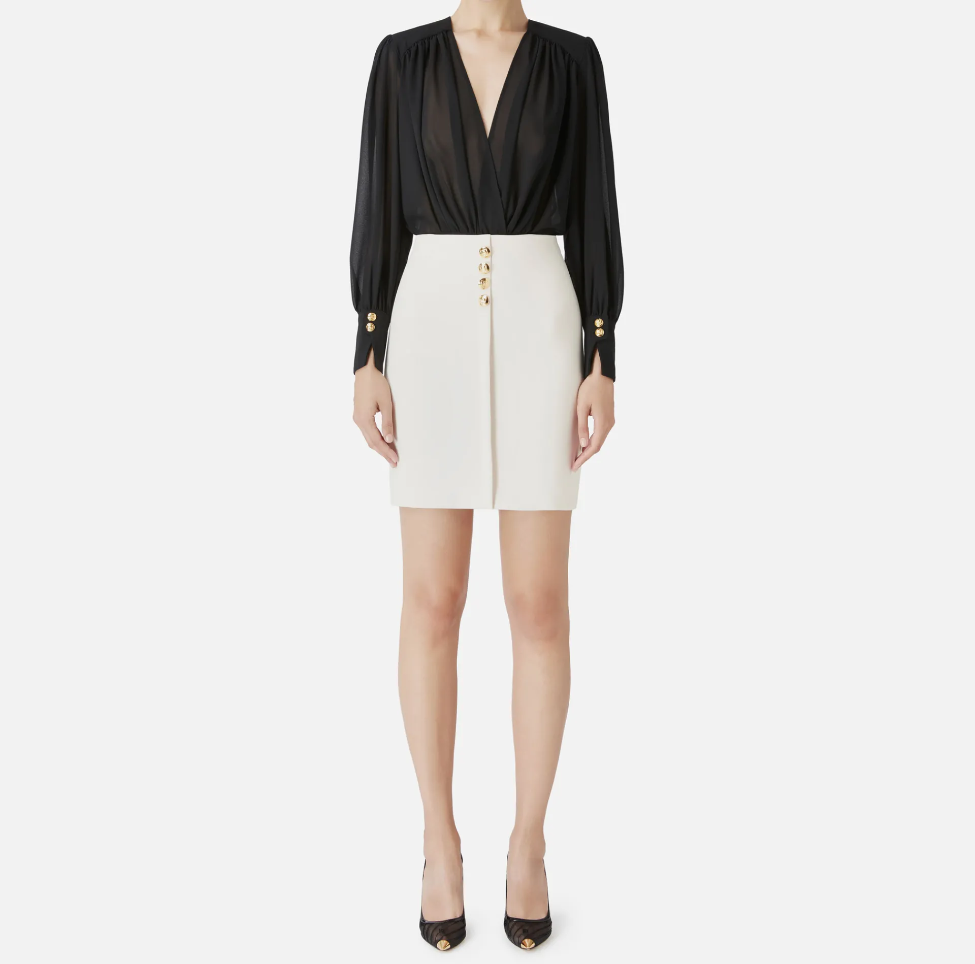 Elisabetta Franchi Mini Dresses|Dresses|Mini-dress in crêpe fabric with blouse in georgette fabric Black/Butter