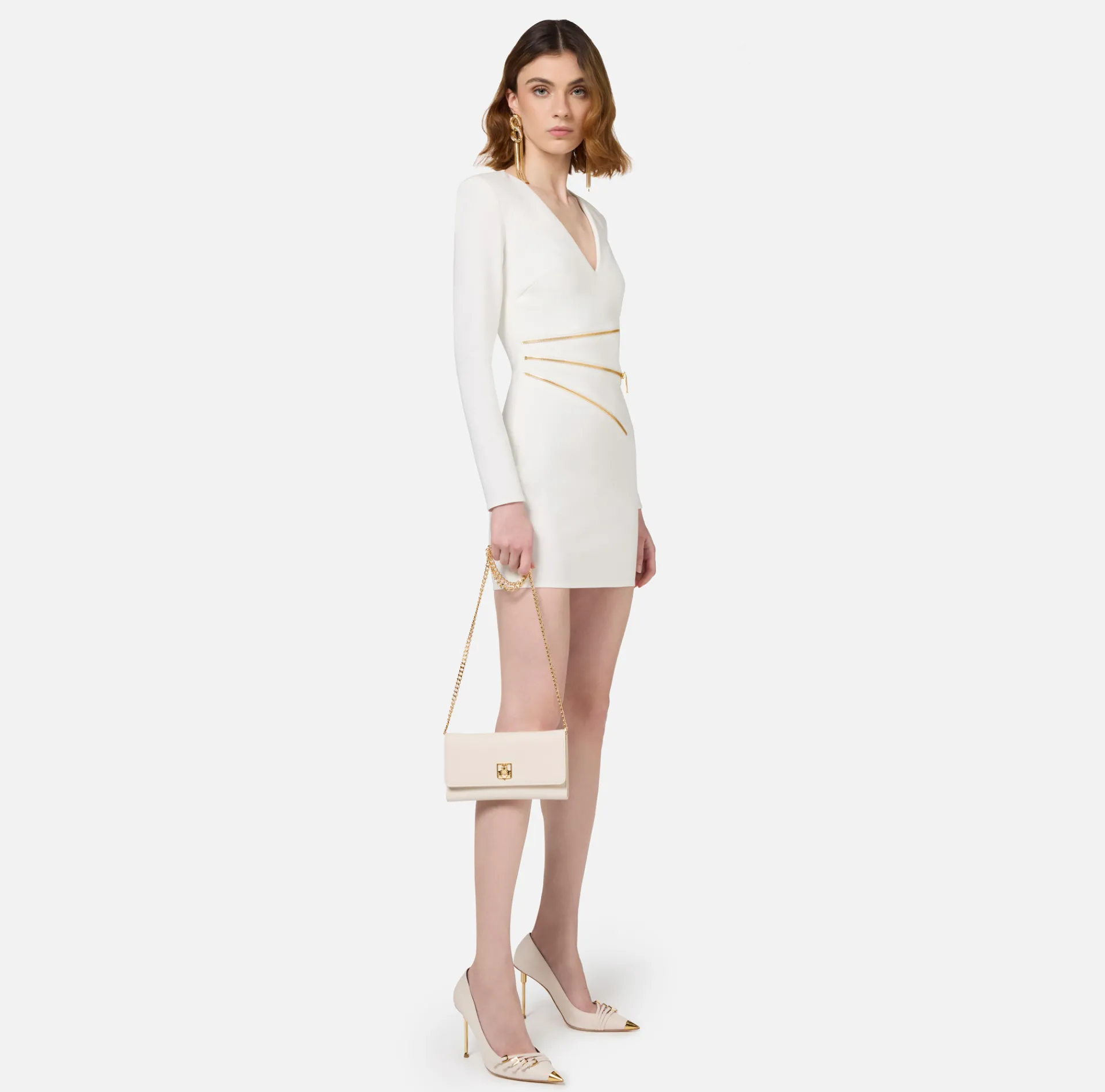 Elisabetta Franchi Mini Dresses|Dresses|Mini-dress in crêpe fabric with zip Ivory