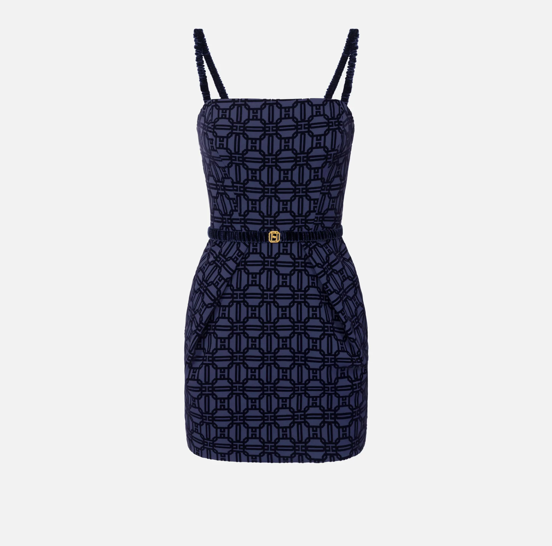 Elisabetta Franchi Mini Dresses|Dresses|Mini-dress in flock crêpe fabric with belt Navy
